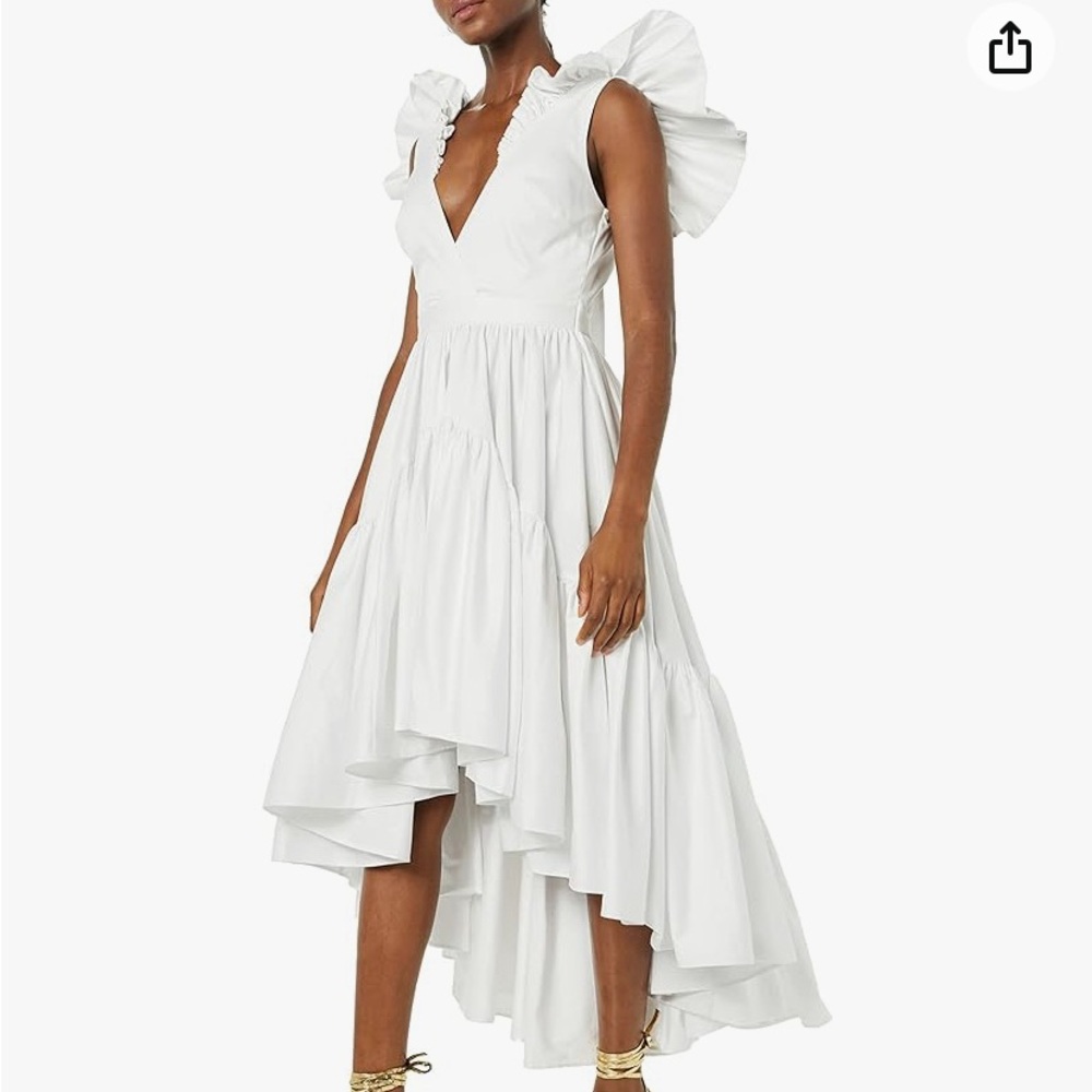 Making the Cut white cotton dress - deep cut in front with open back